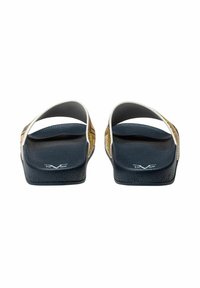 Rubber sandals with a navy textured sole, featuring white straps and a multicolored geometric pattern on the upper for added detail.