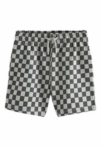 Shorts à carreaux noirs et gris avec taille élastique et cordon à l'avant, posés à plat sur un fond blanc.