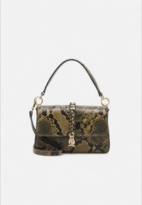 Snakeskin-patterned handbag in olive and brown tones, featuring a gold-tone chain accent and a detachable strap. Structured shape, smooth texture.