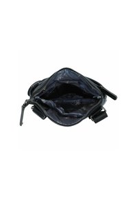 Borsa a mano nera in pelle con zip, dotata di un ampio interno foderato in tessuto blu con un motivo sottile.