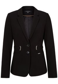 Černý blazer z hladké tkaniny, se zářezovým límcem, dvěma knoflíky, bočními detaily a upraveným střihem. Žádné viditelné vzory nebo textury.