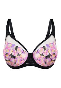 Czarny koronkowy biustonosz z różowo-fioletowym kwiatowym wzorem, przezroczyste miseczki z siateczki, regulowane ramiączka oraz zapięcie na haftki z tyłu.