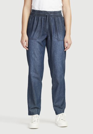 Denim-Jogginghosen mit elastischem Bund und Kordelzug, ausgestattet mit zwei Vordertaschen, in lässiger Passform und in einer dunklen Indigo-Farbe.