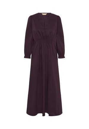 Abito a maniche lunghe, di un profondo viola, con scollatura a V, vita elastica e maniche arricciate. Realizzato in tessuto leggero con un design fluido.