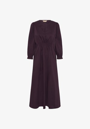 Langsleeve, diep paarse jurk met een V-hals, elastische taille en geplooide mouwen. Gemaakt van lichte stof met een vloeiende snit.