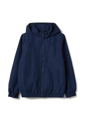 Giacca leggera blu navy con cappuccio, cerniera frontale, polsini elastici e due tasche laterali con una vita arricciata.