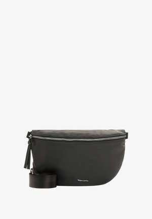 Borsa a tracolla nera in nylon con forma curvata, chiusura con zip argentata e tracolla staccabile. Presenta un logo decorativo sul davanti.