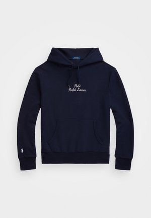 Sweat à capuche bleu marine avec poche avant, capuche à cordon, logo Polo Ralph Lauren sur la poitrine et petit logo blanc de poney sur le poignet gauche.