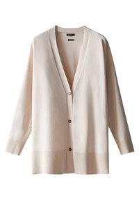 Cremefarbener Strickjacke mit langen Ärmeln, tiefem V-Ausschnitt und drei Knöpfen vorn, mit gerippten Bündchen und Saum.