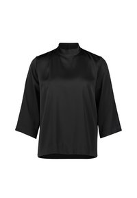 Schwarze Satinbluse mit hohem Ausschnitt, drei Viertelärmeln und einer lockeren Passform. Glatte Textur mit einem dezenten Glanz. Keine sichtbaren Muster.