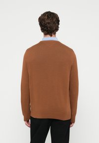 Καφέ πουλόβερ με λεία υφή, μακριά μανίκια και σχέδιο V-neck. Ακριβώς από κάτω φαίνεται ένα μπλε πουκάμισο με γιακά, συνδυασμένο με μαύρα παντελόνια.