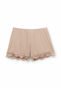 Lichtroze geribde shorts met een geschulpte kantafwerking aan de zoom. Gemaakt van zachte stof met een elastische tailleband voor comfort.