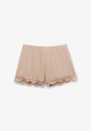 Light pink ribbed shorts with a scalloped lace trim at the hem. Made from soft fabric with an elastic waistband for comfort.