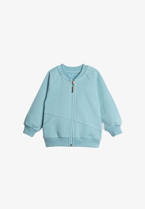 Jasnoniebieska kurtka dla malucha zapinana na zamek, z prążkowanymi mankietami, kołnierzem i dołem, z ukośnymi przeszyciami i przednimi kieszeniami.