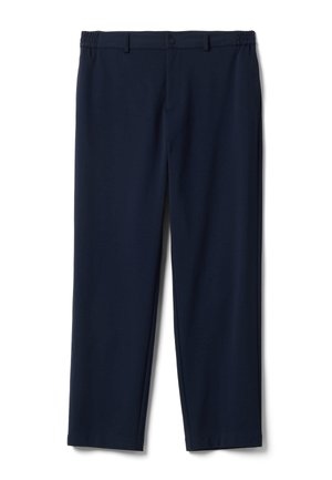 Pantaloni blu navy a gamba dritta con fasce elastiche laterali in vita, passanti per cintura, un solo bottone frontale e cerniera.