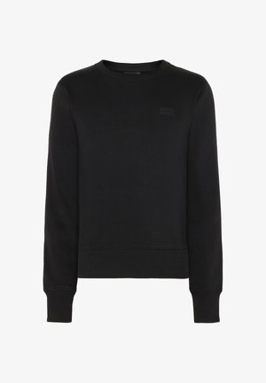 Schwarzes, langärmliges Sweatshirt mit Rundhalsausschnitt, gerippten Bündchen und Saum, schlichtes Design und dezentes Logo-Patch auf der Brust.