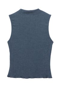 Top sin mangas en tela texturizada de color azul oscuro con un escote alto y dobladillo deshilachado. Presenta un diseño ajustado sin hardware visible.