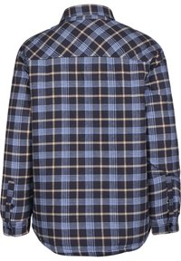 Randig flanellskjorta i marinblått med ljusblå och beige mönster. Långa ärmar, knäppning vid handleden och en klassisk kragsdesign.