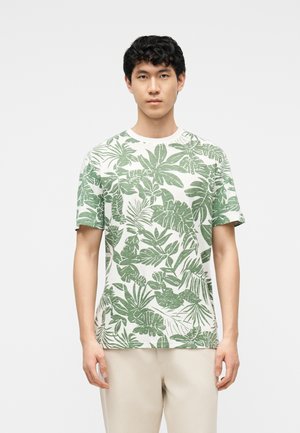 Nuori mies seisoo valkoisessa T-paidassa, jossa on vihreä trooppisten lehtien kuvio, ja vaaleissa beigen sävyisissä housuissa, yksiväristä valkoista taustaa vasten.
