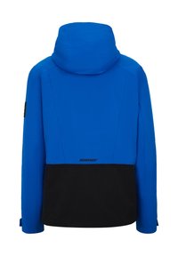 Blaue wasserfeste Jacke mit schwarzem unteren Abschnitt, Kapuze und langen Ärmeln. Verfügt über dezentes Branding auf der Rückseite und eine glatte Textur.