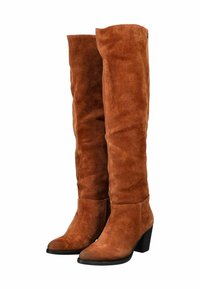 Braune Wildleder-Stiefel über das Knie mit Blockabsatz, die eine glatte Textur, eine spitze Zehe und ein dezentes Design ohne sichtbare Verzierungen aufweisen.