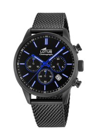 Montre chronographe noire avec un bracelet en maille. Trois sous-cadrans et marqueurs d'heure bleus sur un fond noir. Le design notable comprend une fenêtre de date et des aiguilles audacieuses.