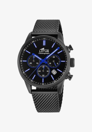 Schwarze Chronographuhr mit einem Mesh-Armband. Drei Hilfszifferblätter und blaue Stundenmarkierungen auf einem schwarzen Zifferblatt. Auffälliges Design umfasst ein Datumsfenster und markante Zeiger.