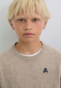 Beżowy sweter dzianinowy z okrągłym dekoltem i niebieskim logo czaszki z piszczelami na lewej piersi. Gładka tekstura, minimalistyczny design.