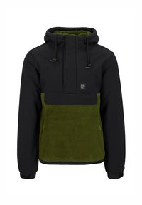 Zwarte en groene fleece-lined jas met een halve ritssluiting, verstelbare capuchon, elastische manchetten en een logopatch op de voorkant.