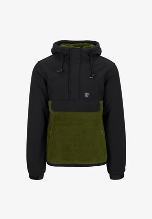 Schwarze und grüne Fleece-Jacke mit einem halben Reißverschluss, verstellbarer Kapuze, elastischen Bündchen und Logo-Patch auf der Vorderseite.