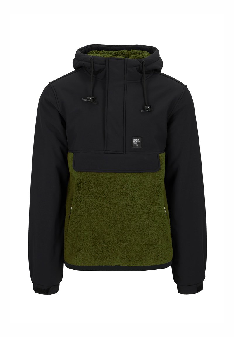 Zwarte en groene fleece-lined jas met een halve ritssluiting, verstelbare capuchon, elastische manchetten en een logopatch op de voorkant.