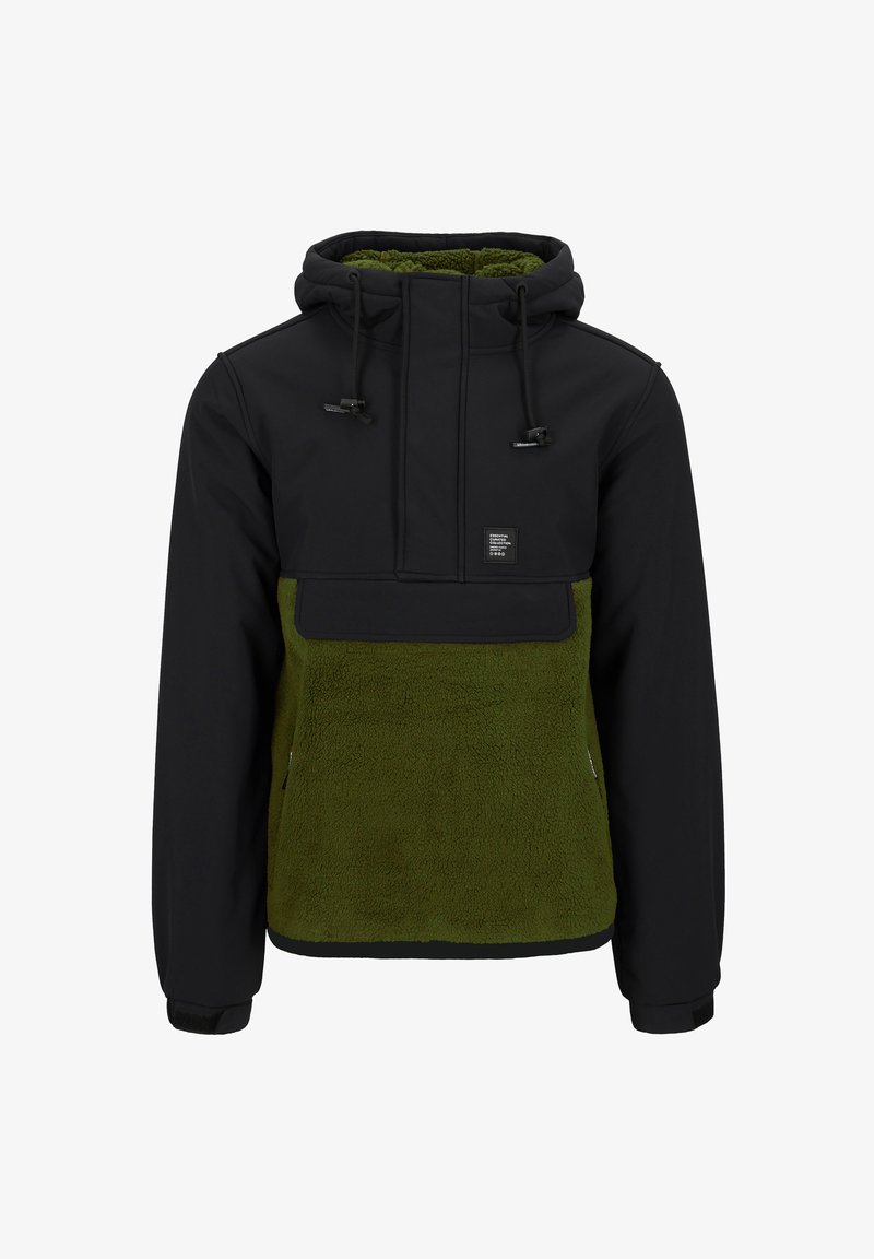 Zwarte en groene fleece-lined jas met een halve ritssluiting, verstelbare capuchon, elastische manchetten en een logopatch op de voorkant.
