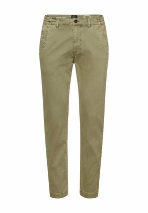 Men's olive green slim-fit trousers with button and zipper closure, belt loops, and front side pockets, displayed on a white background.