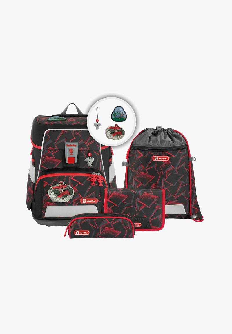 Backpack set featuring a large black bag with red accents and geometric patterns, drawstring bag, pencil case, and decorative keychains.