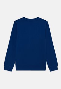 Sweatshirt azul com mangas longas, gola redonda e punhos canelados. Feito de material suave, com uma cor sólida e sem logótipos ou padrões visíveis.