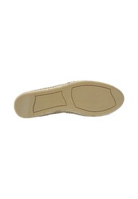 Suela de goma con un patrón texturizado, de color beige claro, con puntera redondeada y tacón ligeramente elevado para una mejor tracción y estabilidad.