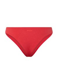 Culotte de bikini en coton rouge avec une texture lisse, un design taille basse et une ceinture simple. Marque subtile affichée à l'avant.