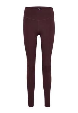 Bordeauxfarbene Leggings aus elastischem Material mit einem breiten Bund und glatter Textur, ohne sichtbare Muster oder Verzierungen.