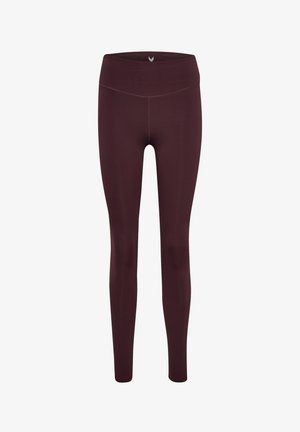 Leggings bordeaux en tissu extensible, dotés d'une large taille et d'une texture lisse sans motifs ni embellissements visibles.