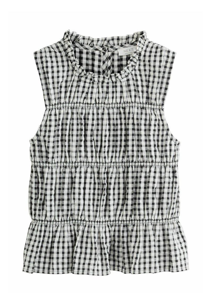 Top smanicato in tessuto gingham a quadretti bianco e nero, con scollo arricciato, orlo a balze a strati e design senza maniche, realizzato in tessuto leggero.