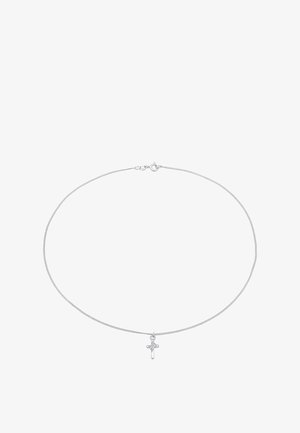 Sølv kæderekæde med en lille korsvedhæng, slankt design, glat tekstur og en sikker krog-lukning.