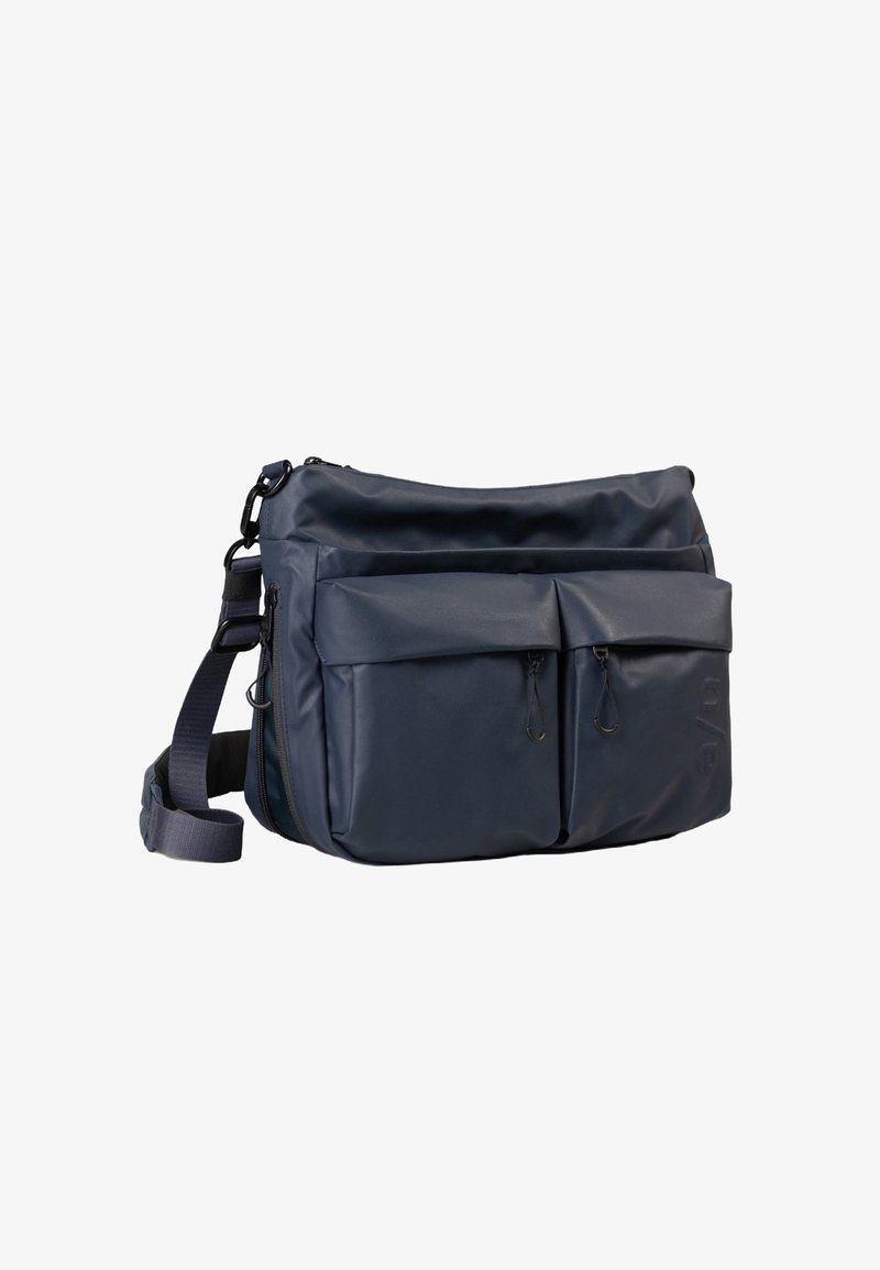 Navy blue messenger bag with a smooth, waterproof exterior. Features two front pockets, adjustable strap, and zippered main compartment.