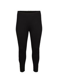 Mustad mustad, kuidas elastne talje, kitsenev lõige ja kullakarva nööbid pahkluude juures, valmistatud venivast materjalist.