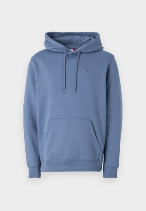 Blauwe hoodie gemaakt van een zachte katoenmix, met een voorzak in kangoeroestijl, een trekkoordcapuchon, ribgebreide manchetten en een klein logo op de borst.