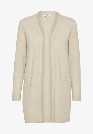 Cardigan lungo beige realizzato in tessuto morbido, con apertura frontale, due tasche anteriori e polsini e orlo a costine.