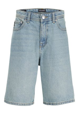 Vaaleansiniset farkku-kolmenneljänosan mittaiset shortsit, joissa etupuolella nappi, vetoketju, vyölenkit ja viiden taskun malli, Jack & Jones -merkkiset.