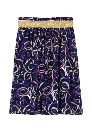 Rock mit gerafftem Bund, dunkelblauer Stoff mit violetten, pinken und weißen wirbelnden Bandmustern und einem gold glitzernden elastischen Bund.