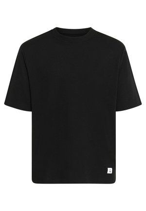 T-shirt nero a maniche corte realizzato in cotone. Presenta un collo rotondo e un piccolo etichetta bianca con "M 73" in basso a sinistra.