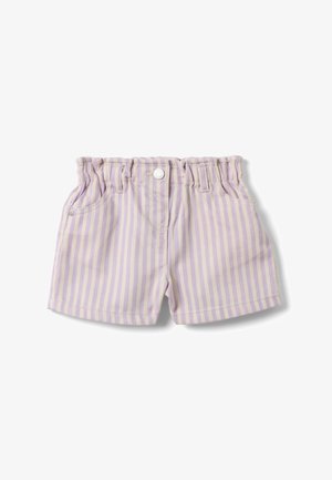 Lichtpaarse en witte korte broek met verticale strepen, elastische tailleband, knoop aan de voorkant en zakken aan beide zijden.