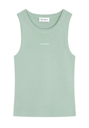 Varrukateta soonikuga top helerohelises toonis, ümar kaelusega ja valge "OH APRIL" logoga trükitud esiküljel keskel.